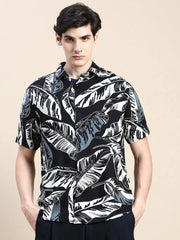Men Black Floral Casual Shirt-GEORGE-1616-Black