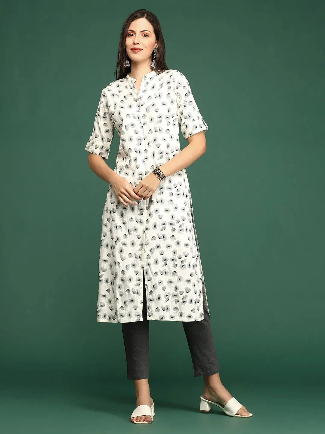 Off White Cotton Printed Straight Indian Kurta for Women