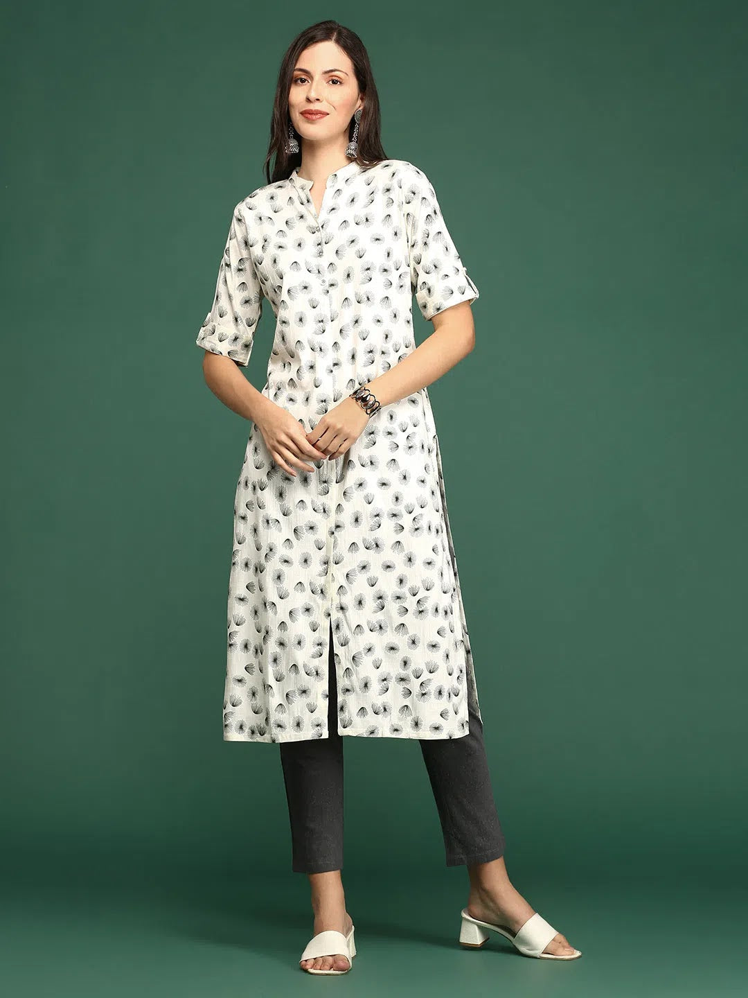 Off White Cotton Printed Straight Indian Kurta for Women