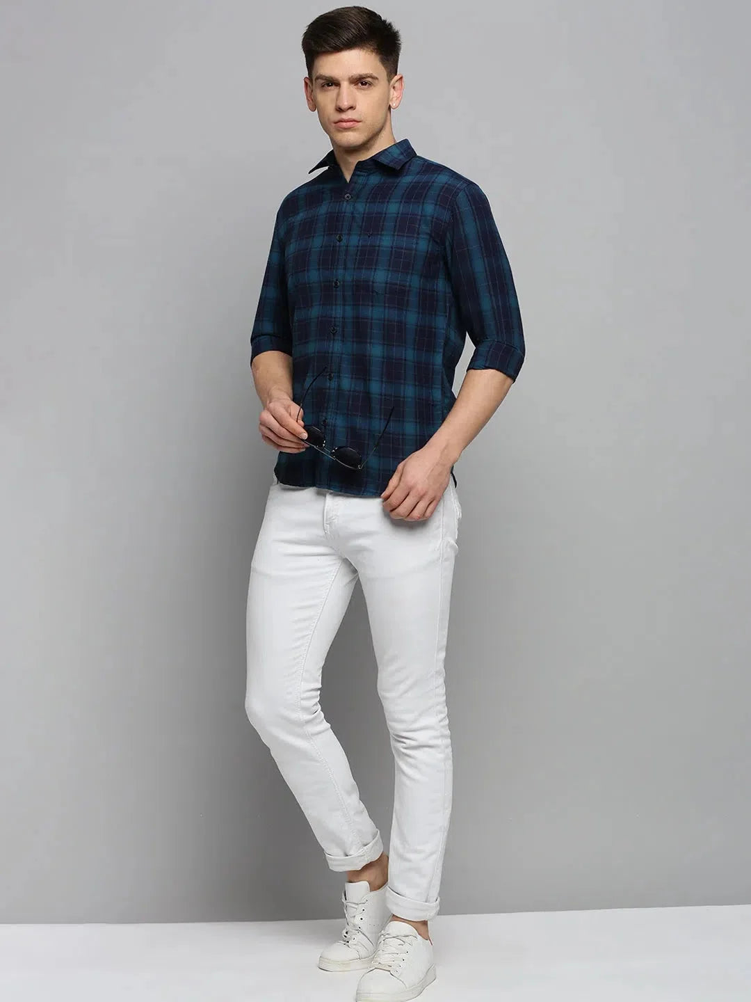 Teal Checked Casual Shirt - Men's Cotton Printed Shirt