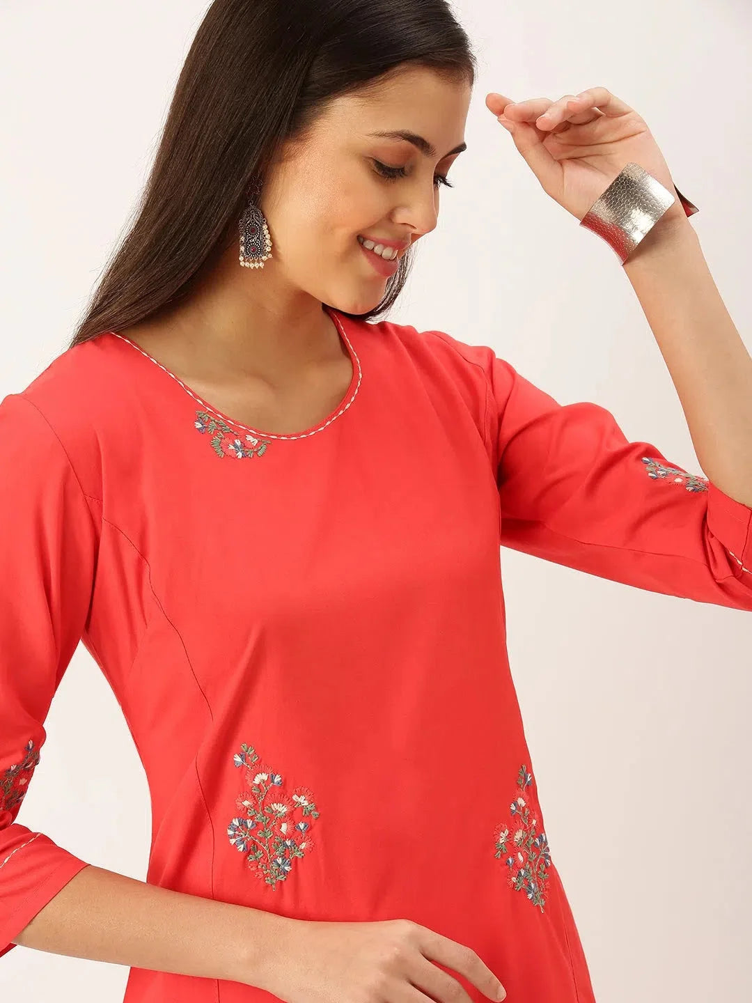 Red Embroidered Indian Kurta - DesiQlo Ladies Kurtas Online