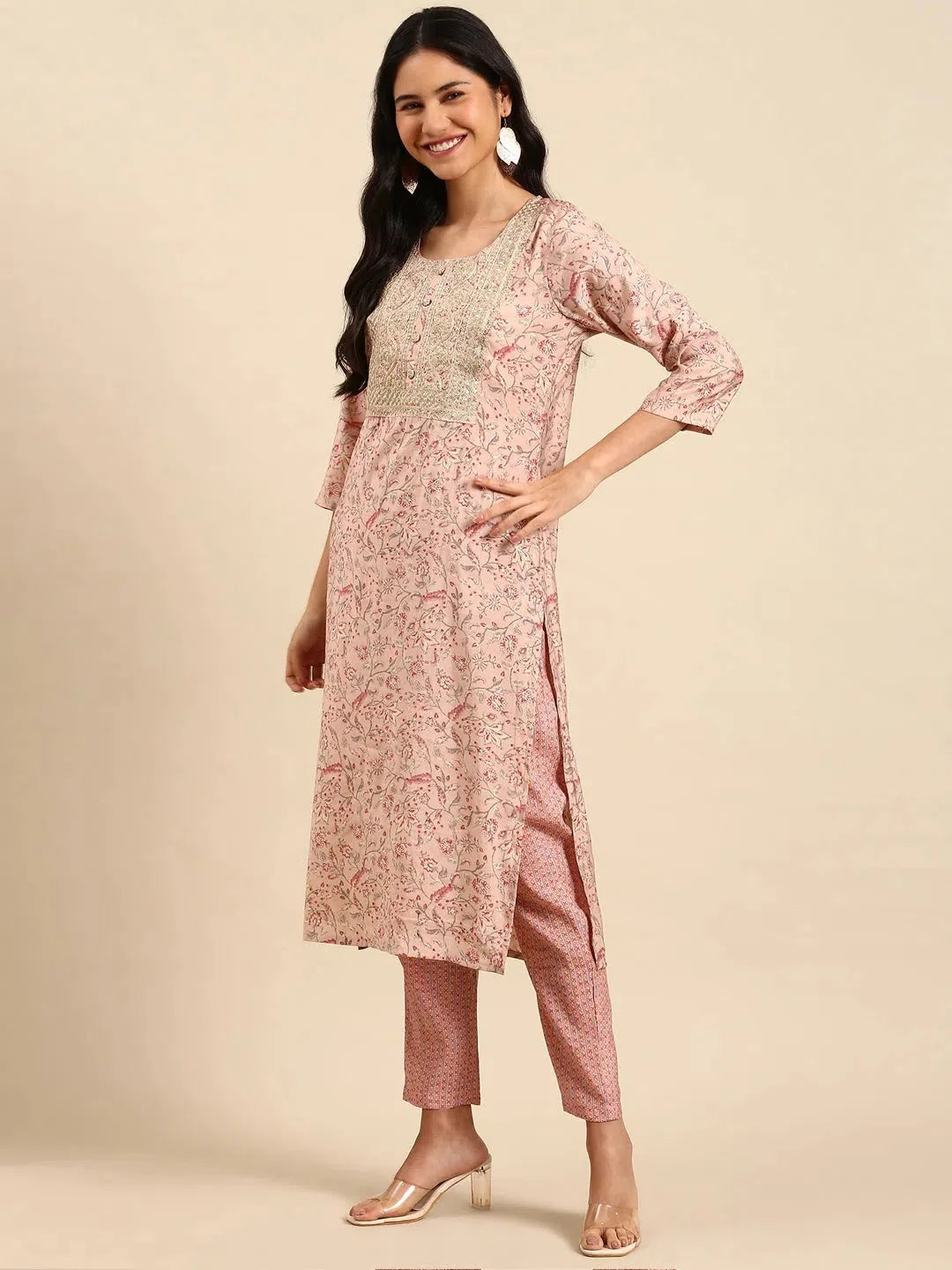Pink Floral Women's Kurta Set | Polyester Indian Kurta Sets