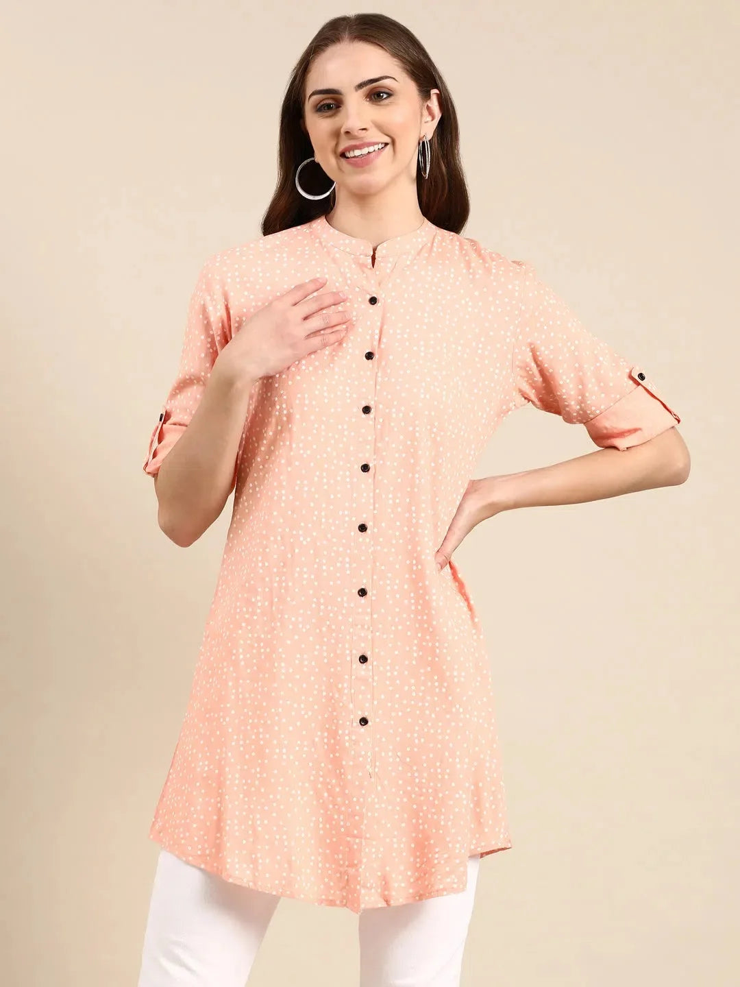 Peach Printed A-Line Kurti - Women's Indian Kurta Tunic Top