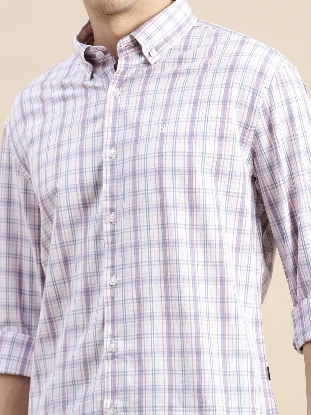 Men's Cream Checked Cotton Shirt - Casual Mens Shirt