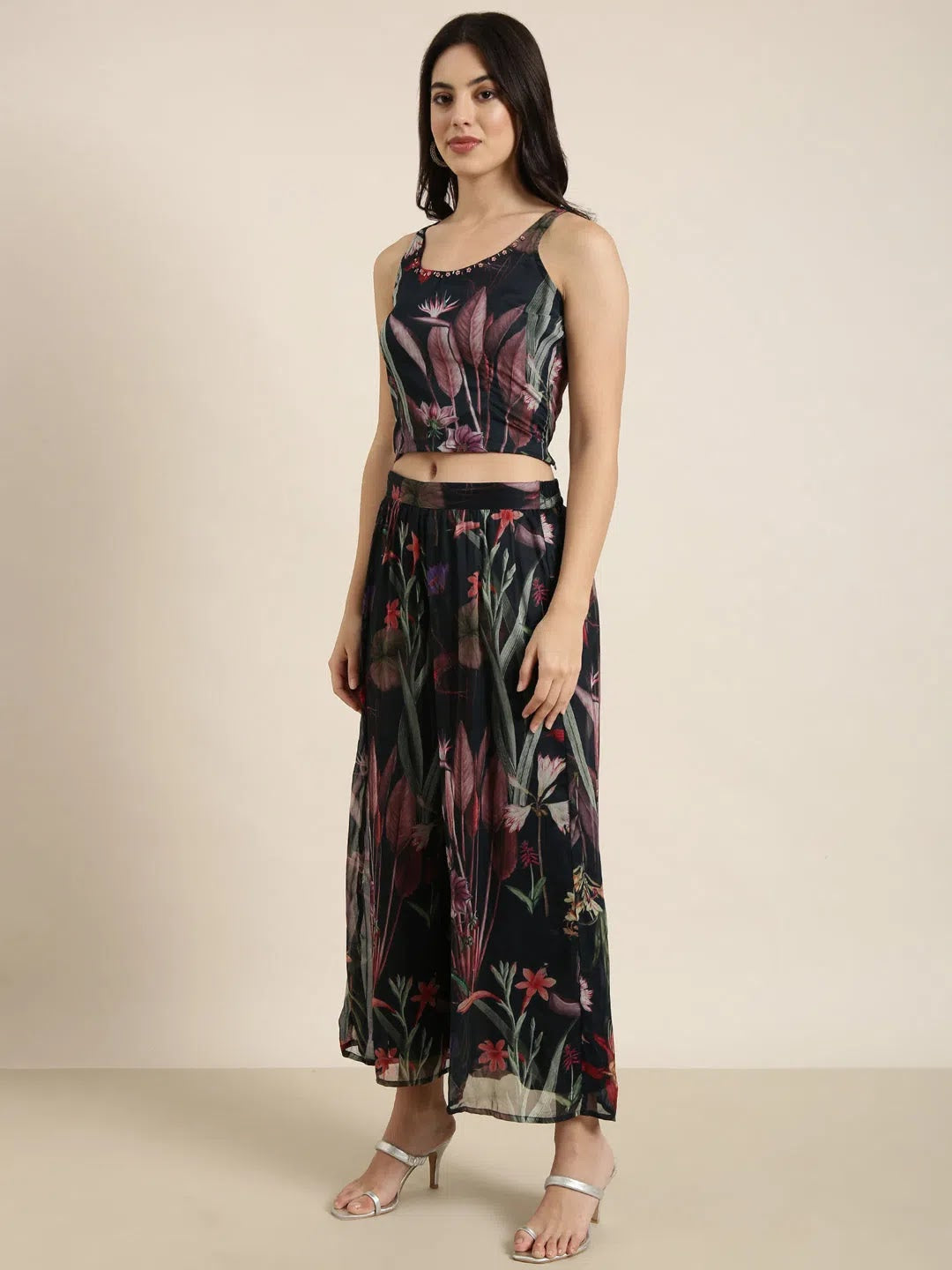 Teal Oversized Printed Palazzo Pants Set with Jacket