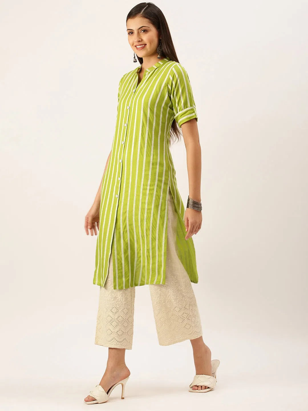 Green Striped Cotton Kurta | Women's Indian Kurta by DesiQlo