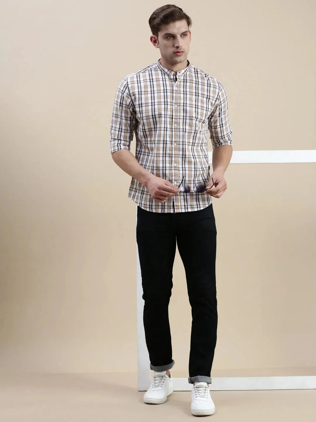 White Checked Mens Shirt | Cotton Casual Shirt by DesiQlo