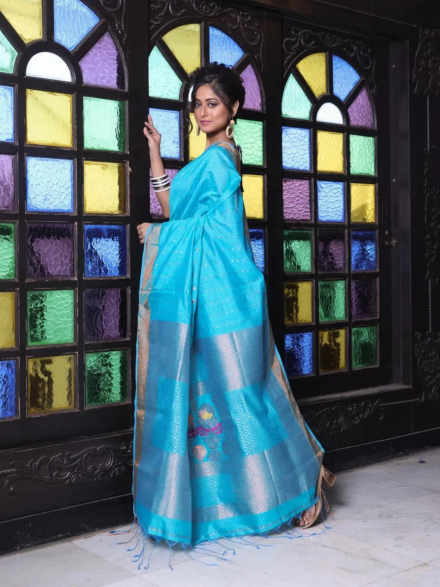 Sky Blue Cotton Saree with Zari - Indian Sarees