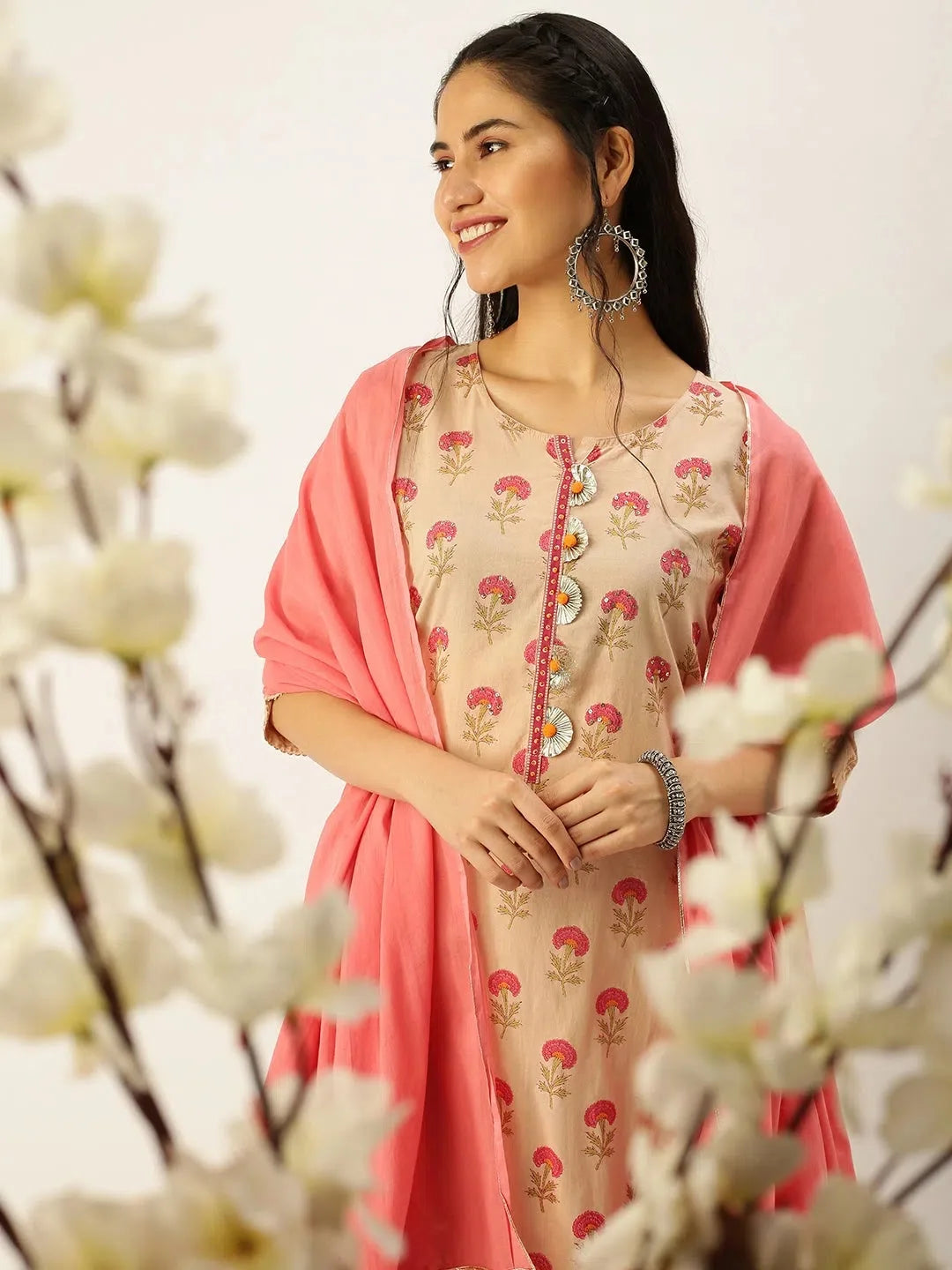Peach Printed Women's Kurta Sets | Indian Kurta Sets