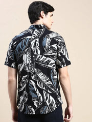 Men Black Floral Casual Shirt-GEORGE-1616-Black