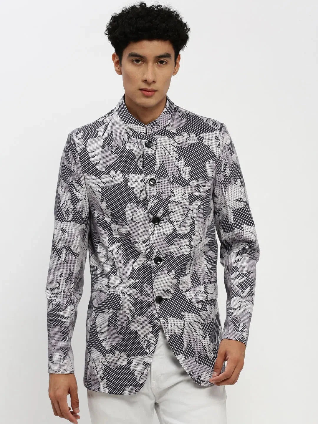 Grey Printed Men's Ethnic Wear Blazer | DesiQlo
