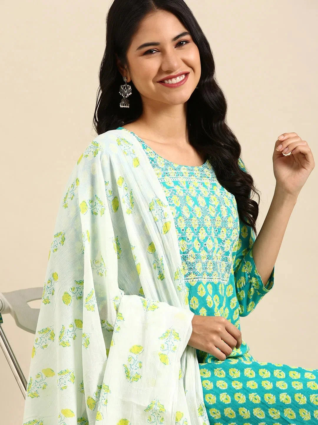 Teal Printed Kurta Set | Women's Cotton Indian Kurta Sets