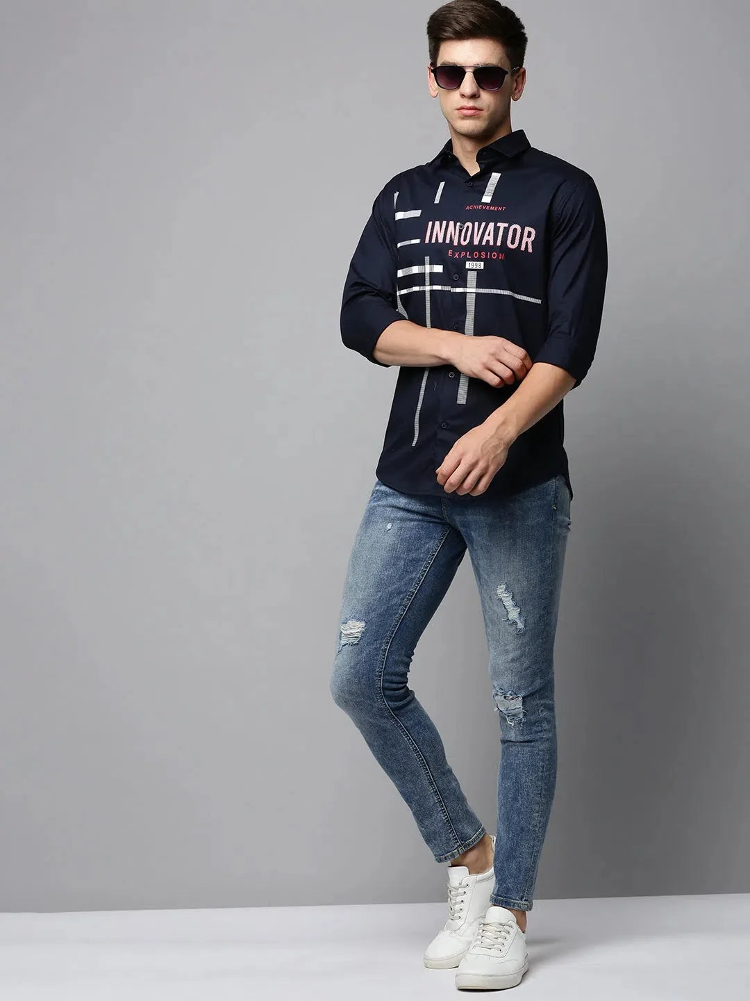 Navy Printed Mens Shirt | Casual Cotton Shirt - DesiQlo