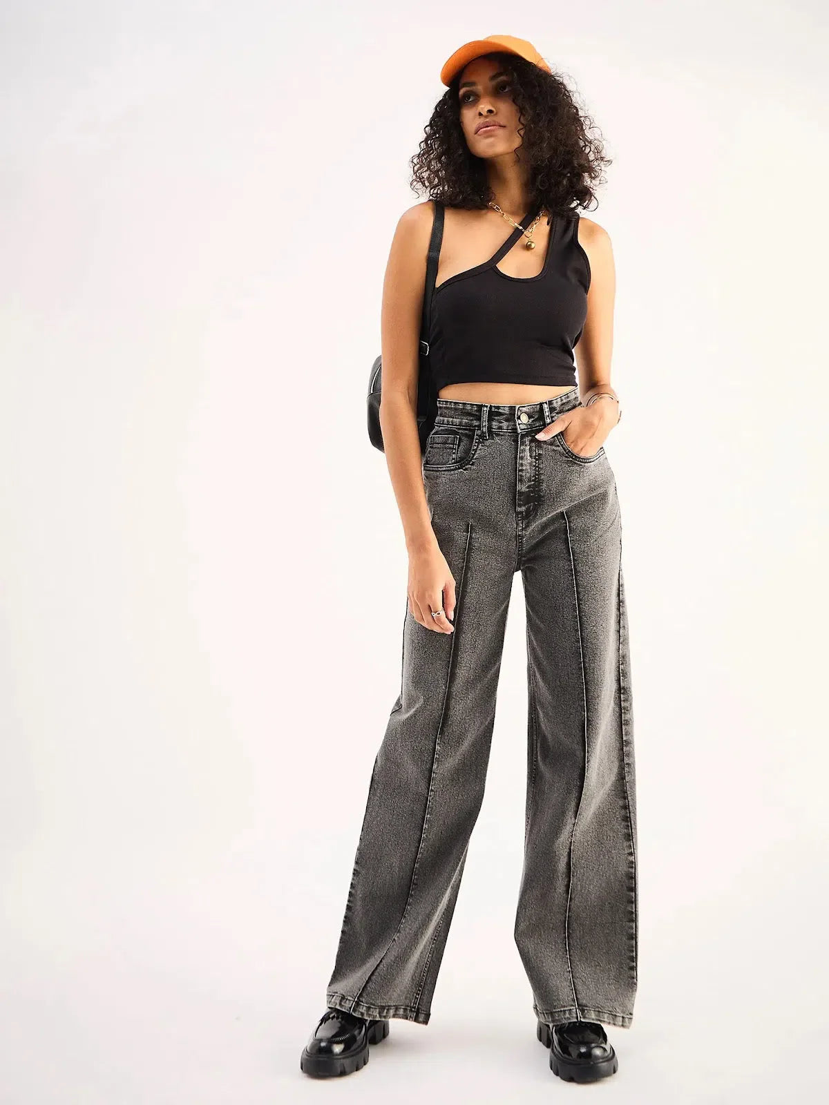 Grey High Waist Straight Jeans - Women's Denim Front Dart