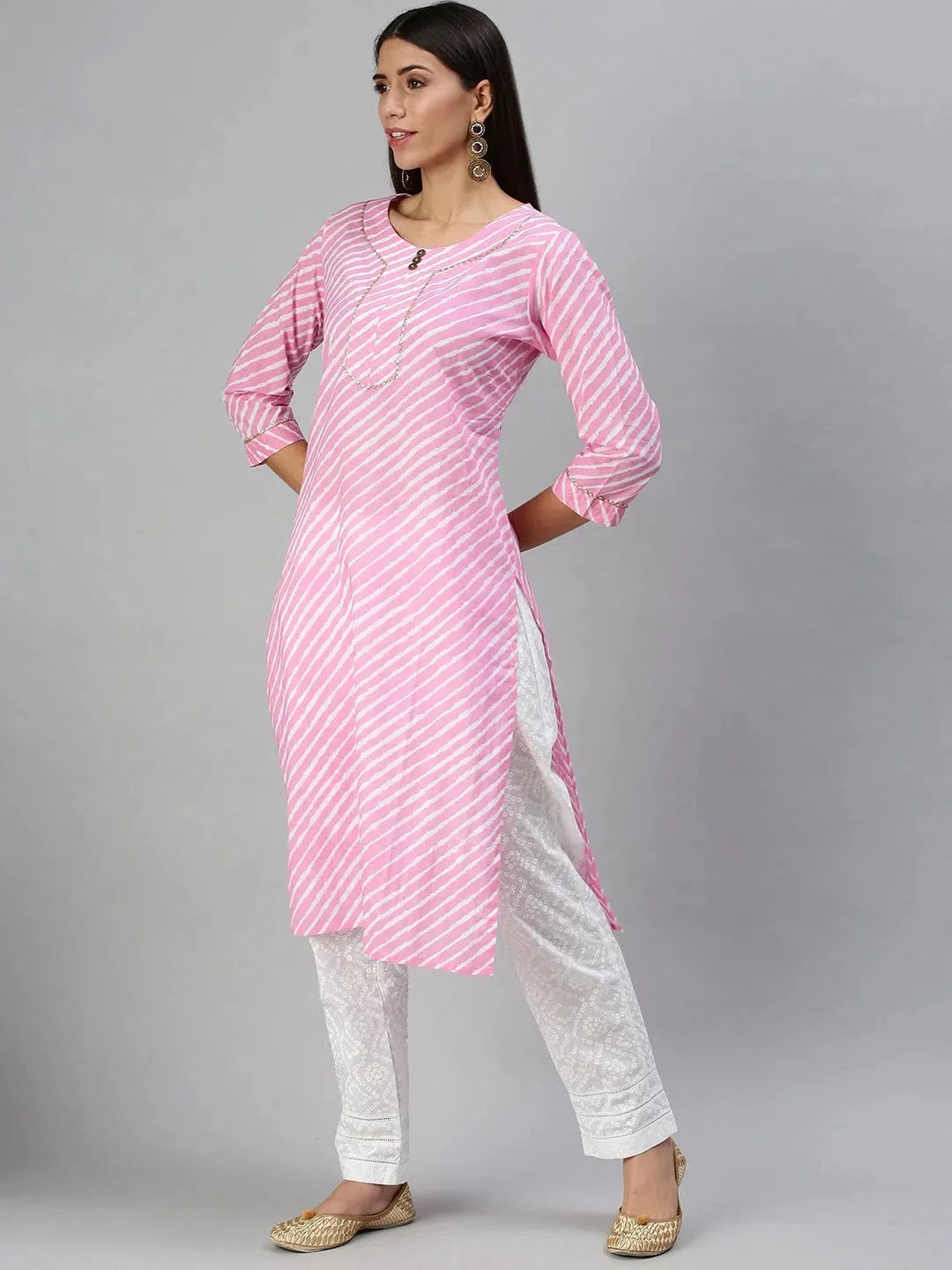 Pink & White Striped Women's Kurta Sets | Cotton Kurta Sets