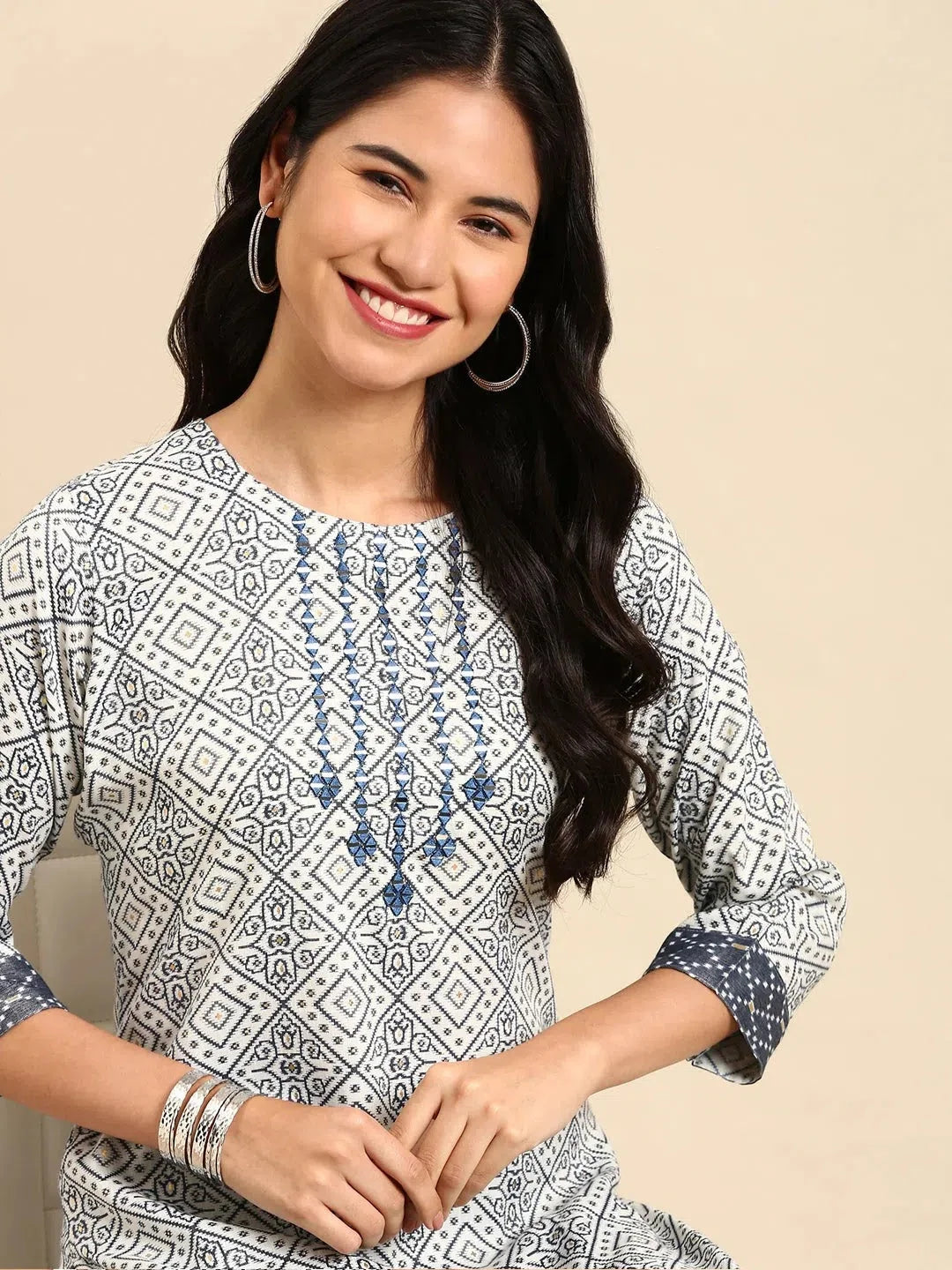 Off White Ethnic Print Cotton Indian Kurta Sets | Showoff