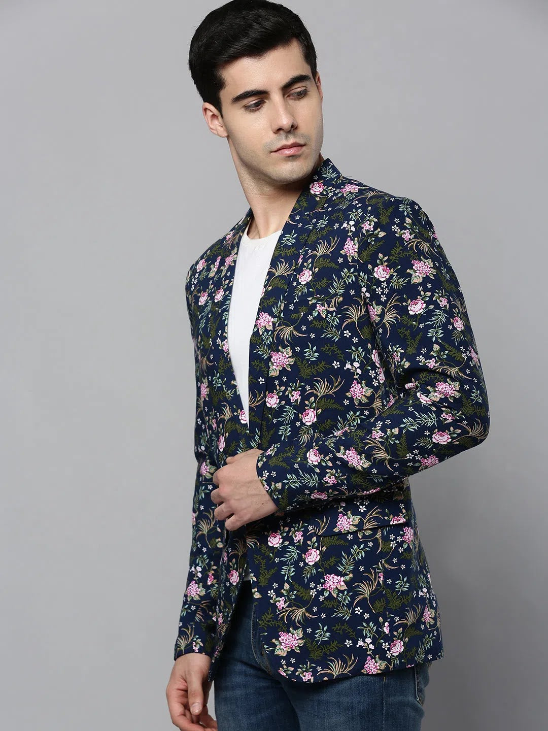 Men's Navy Printed Cotton Blazer | Ethnic Nehru Jacket Style