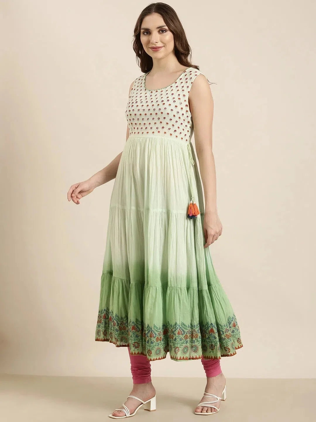 Green Floral Anarkali Kurta with Overcoat - Anarkali Suits