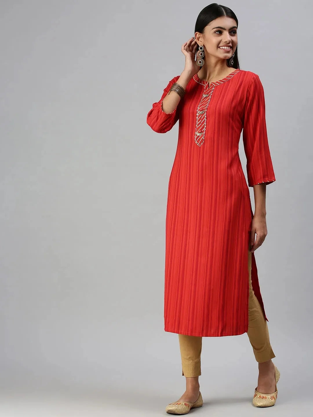 Red Striped Straight Cotton Kurta - Indian Kurtas for Women