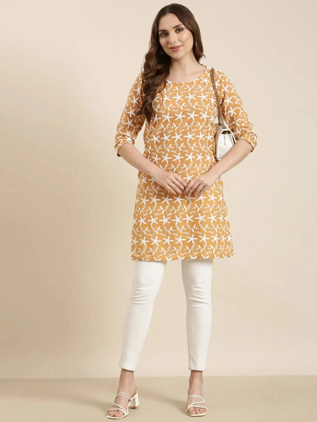 Mustard Floral Kurti | Women's Indian Kurta Tunic Top