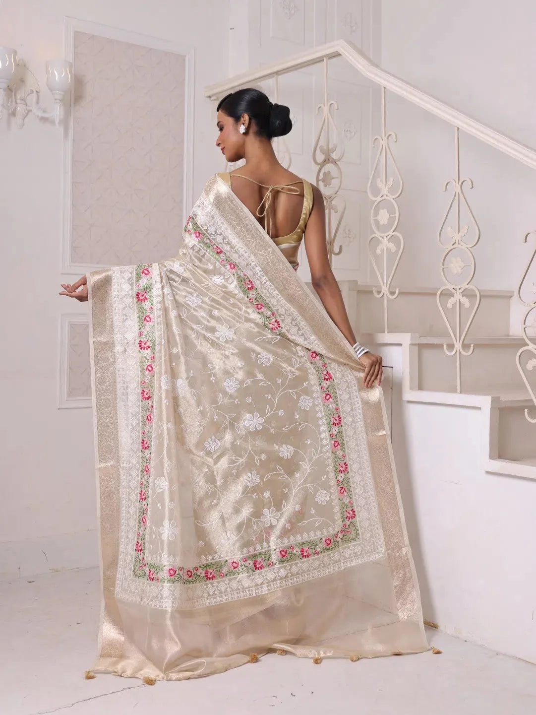 Embroidered Beige Tissue Cotton Saree | Indian Sarees