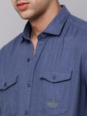 Men Navy Solid Casual Shirt-DARIANPURELINEN-3304-Navyblue