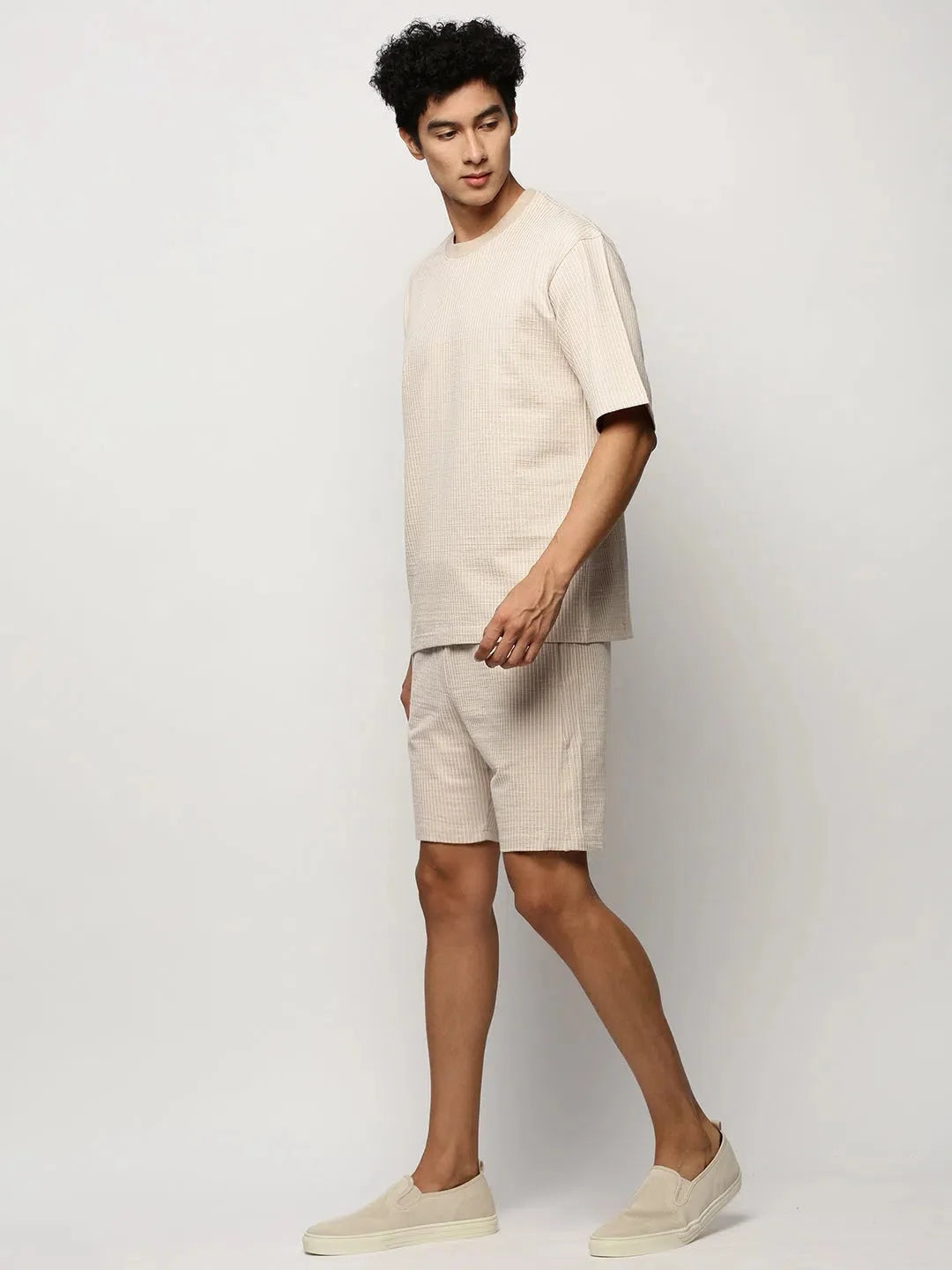Men's Beige Striped Casual Co Ord Set | Cotton Two Piece Sets