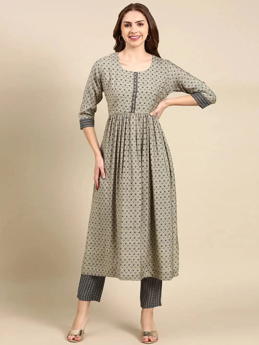 Taupe Ethnic Motifs Kurta Set | Designer Women's Kurta Sets