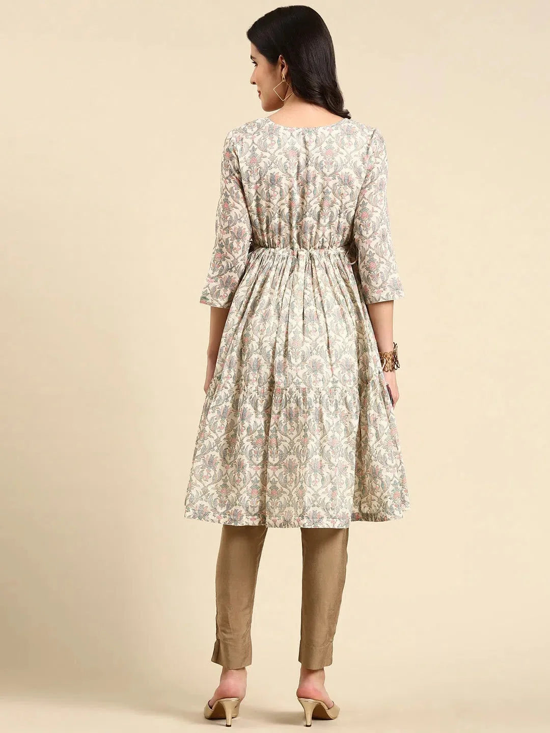 Cream Printed Cotton Anarkali Kurta - DesiQlo Anarkali Kurti