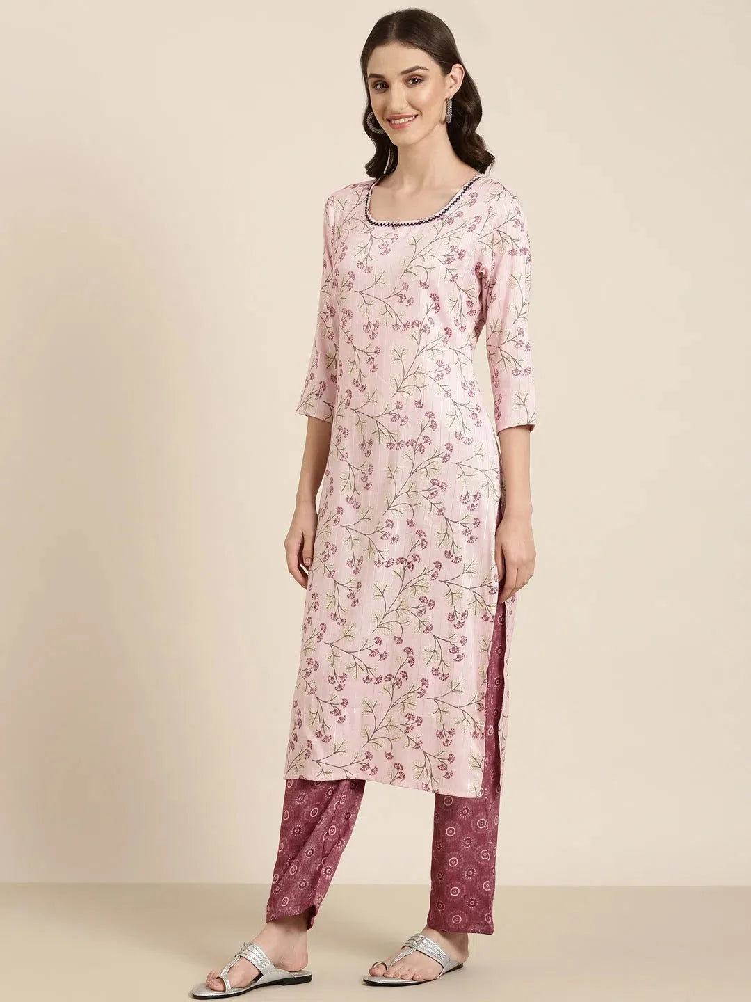 Pink Floral Cotton Kurta Set | Women's Indian Kurta Sets
