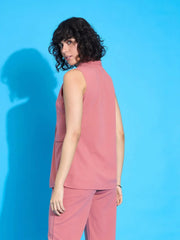 Women Pink Double-Breast Sleeveless Longline Blazer