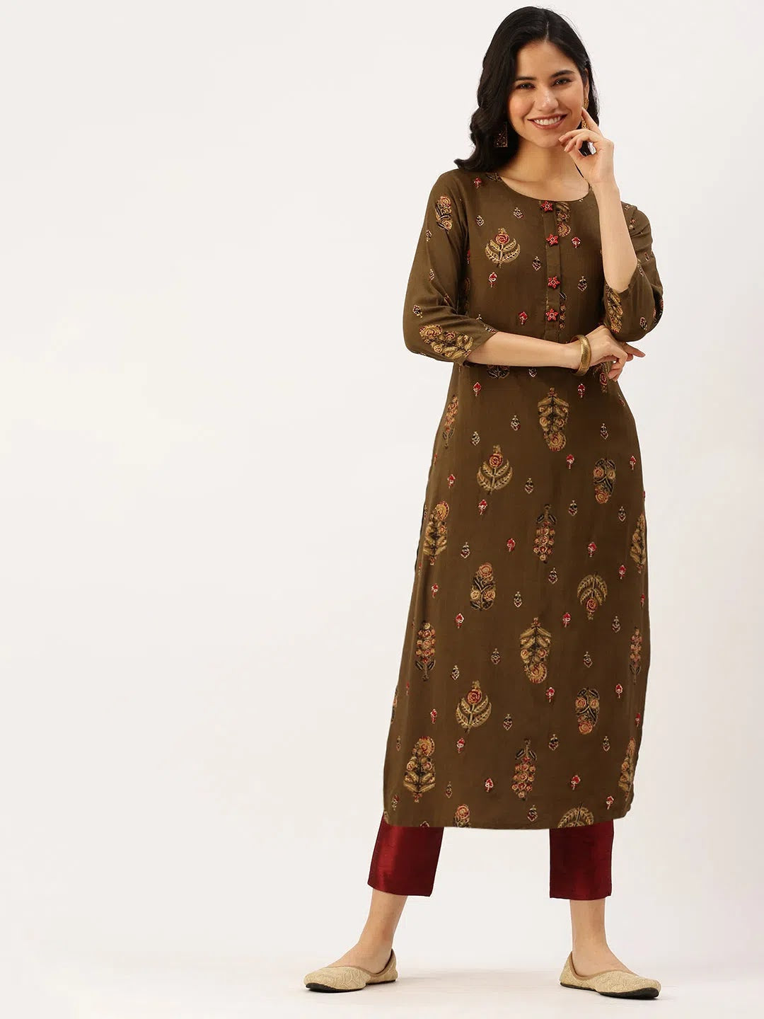 Olive Green Cotton Printed Indian Kurti for Ladies - DesiQlo
