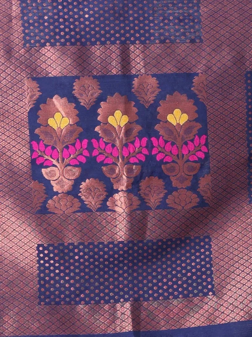 Navy Blue Zari Weaving Cotton Saree | Designer Sarees India