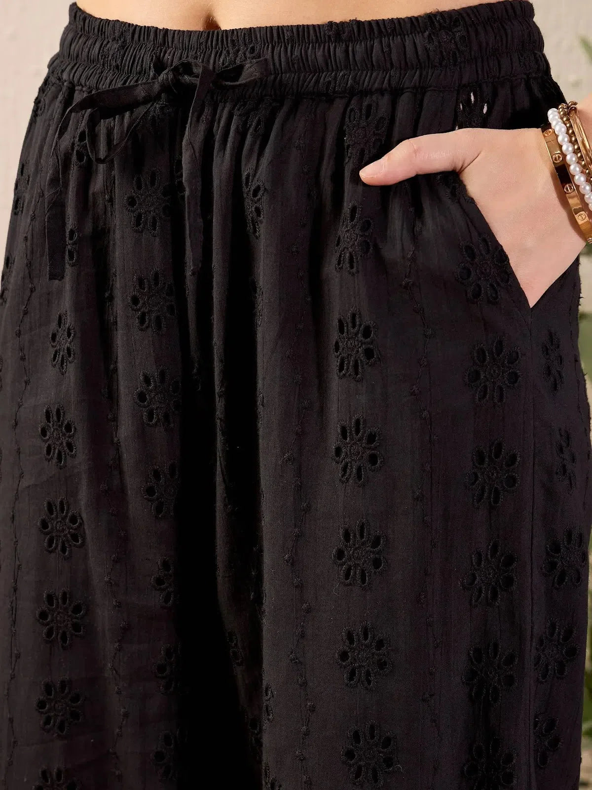 Black Cotton Schiffli Co-ord Set - Crop Shirt and Wide Leg Pant