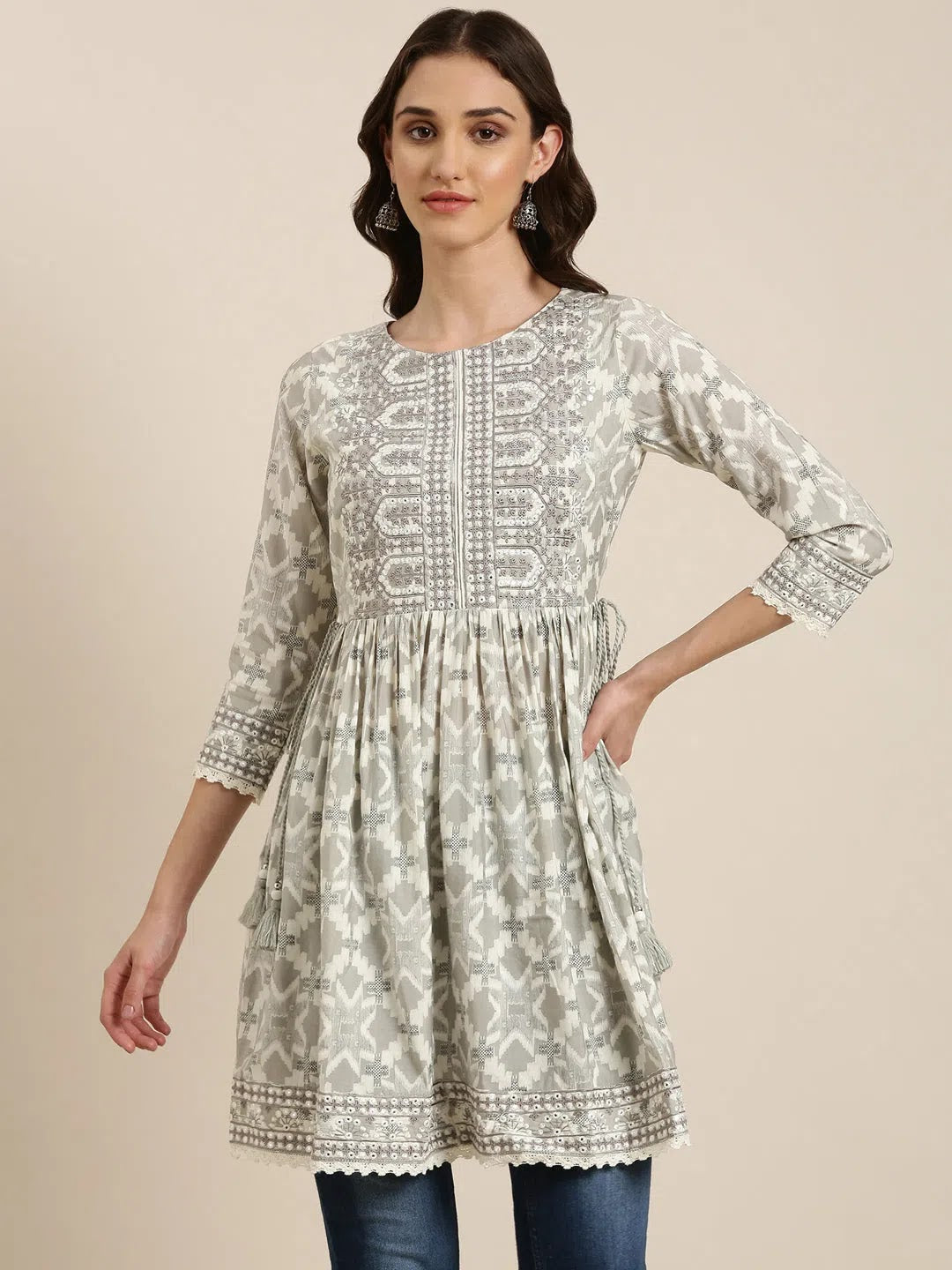 Off White Geometrical Kurti: Women's Indian Kurta Tunic Top