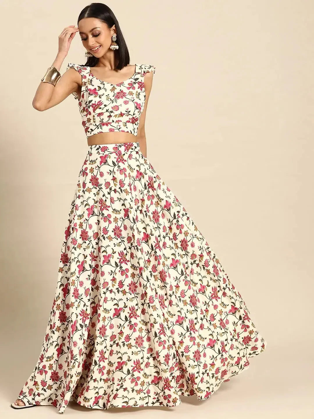 Off White Crop Top & Flared Skirt Set | Ethnic Lehenga for Women