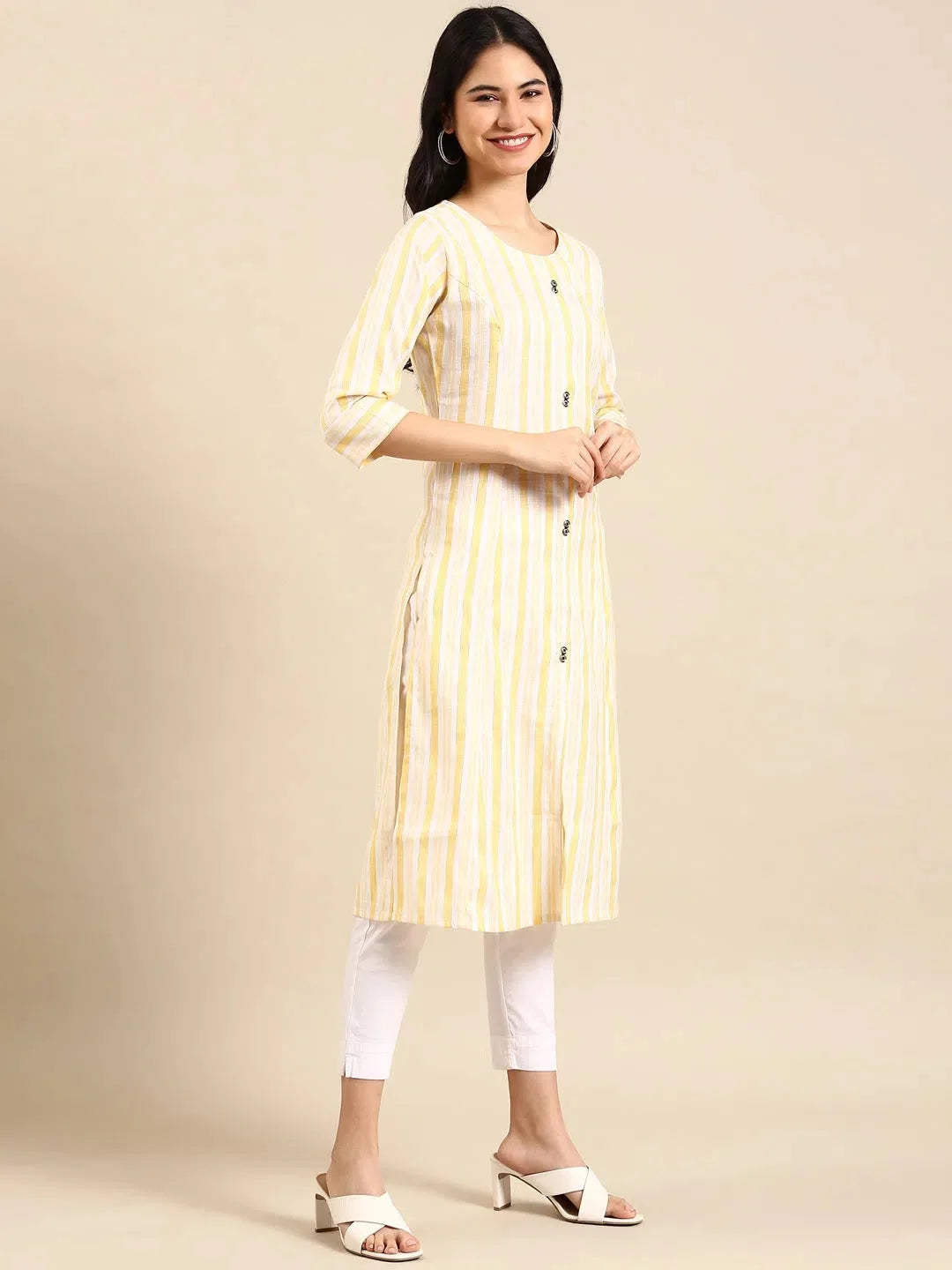 Yellow Striped Cotton Kurta | Women's Casual Indian Kurtis