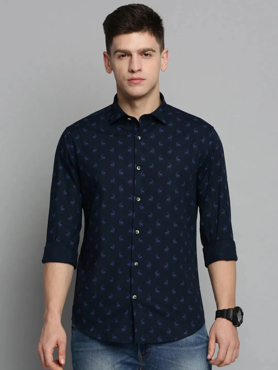 Men's Navy Printed Shirt - Stylish Cotton Casual Shirt