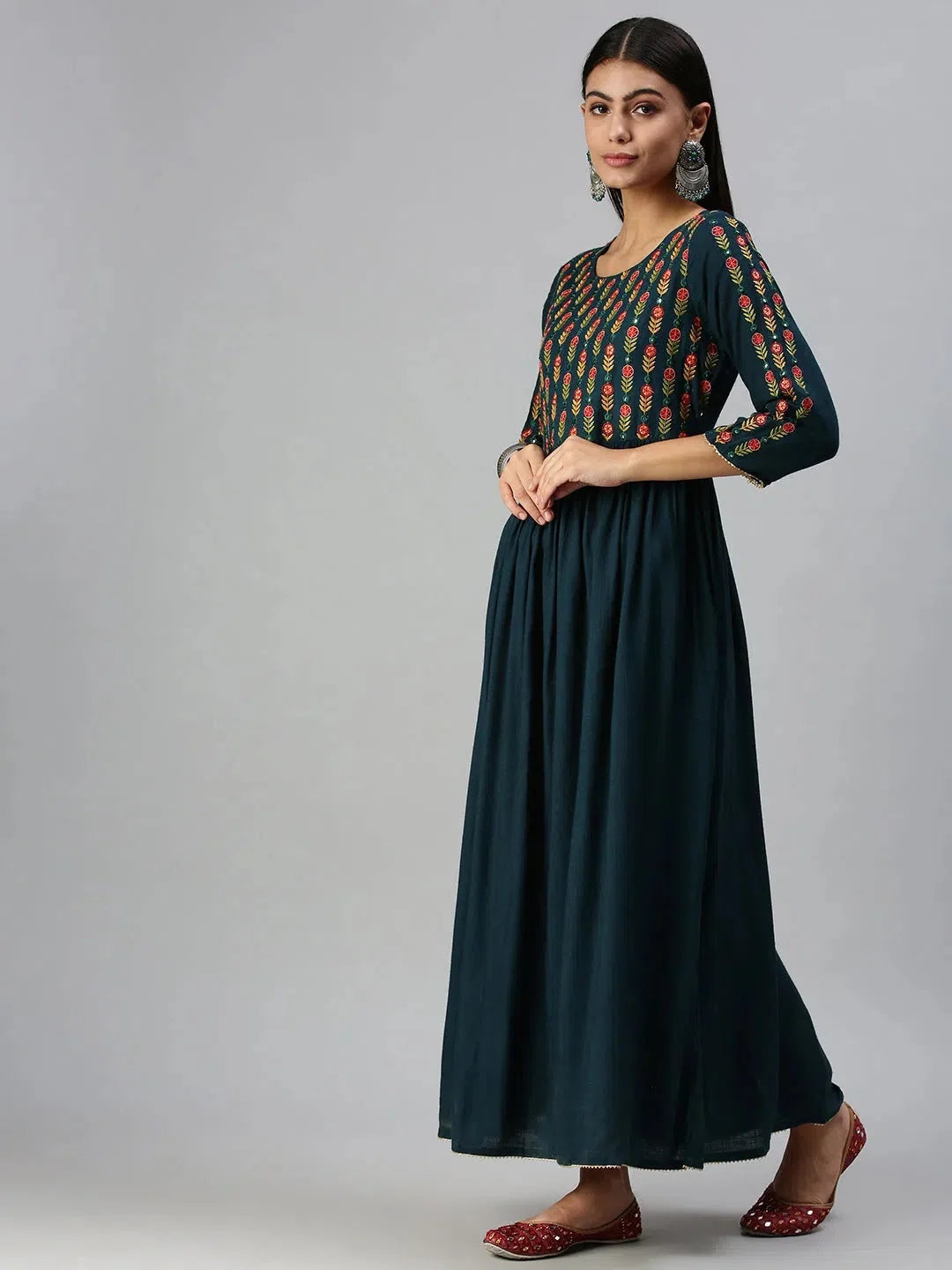 Women's Blue Floral Cotton Anarkali Kurti | DesiQlo Fashion
