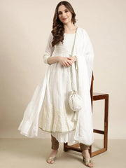 Women Anarkali Off White Embellished Kurta Comes with Dupatta and Potli Bag-GW-4030-Offwhite