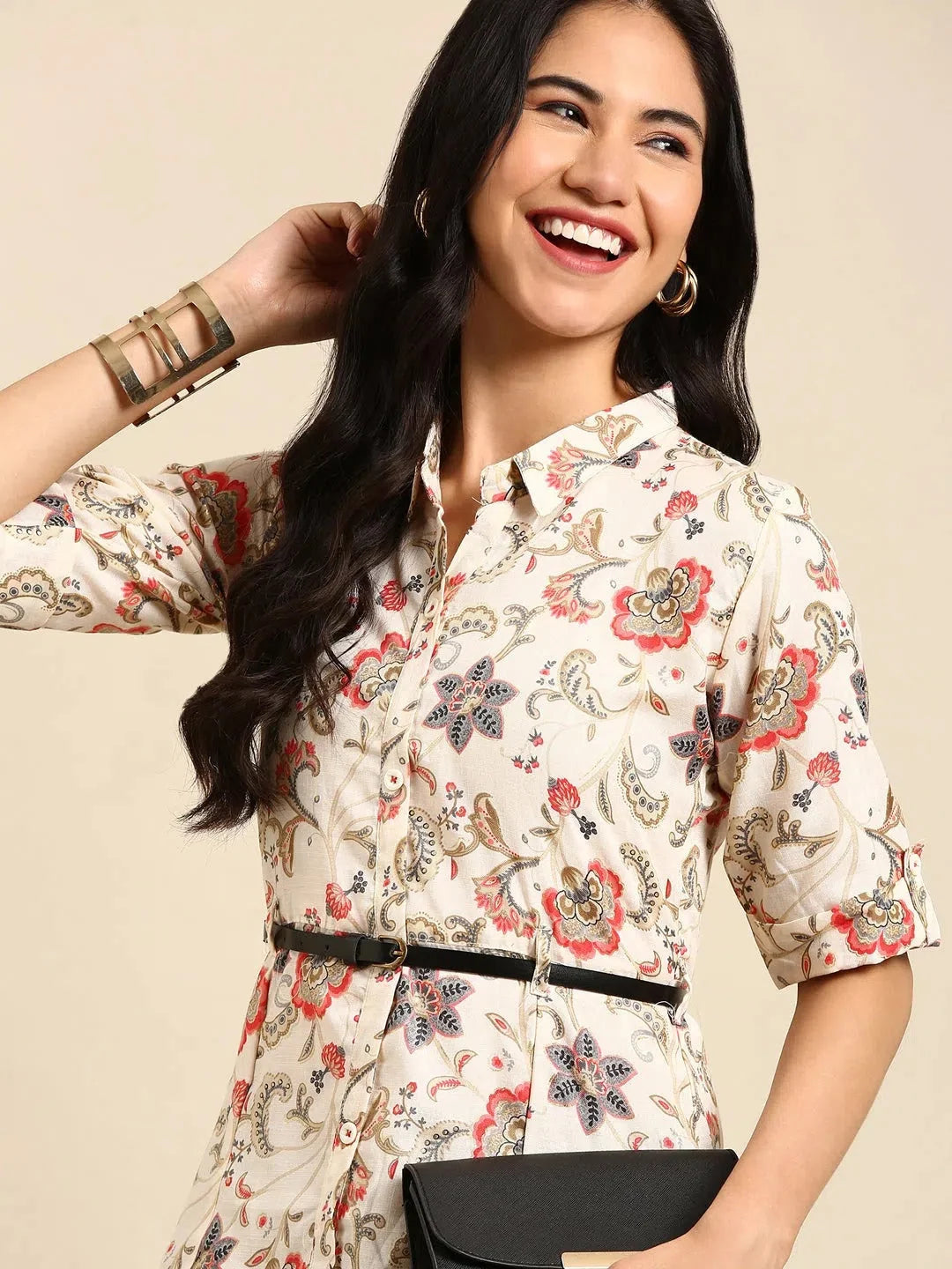 Beige Printed Cotton Anarkali Kurti for Women | DesiQlo - Style 1