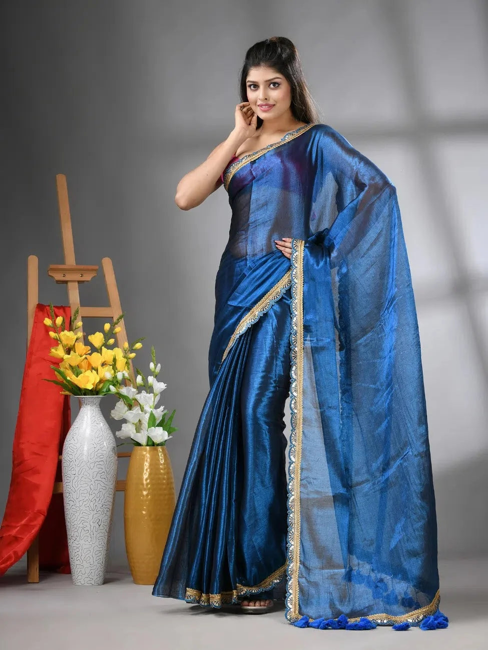 Sapphire Blue Shimmer Cotton Saree | Designer Sarees India