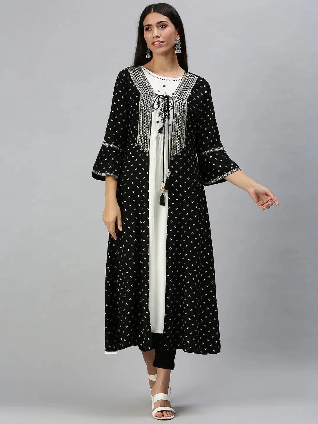Cream & Black Printed Cotton Anarkali Kurta for Women