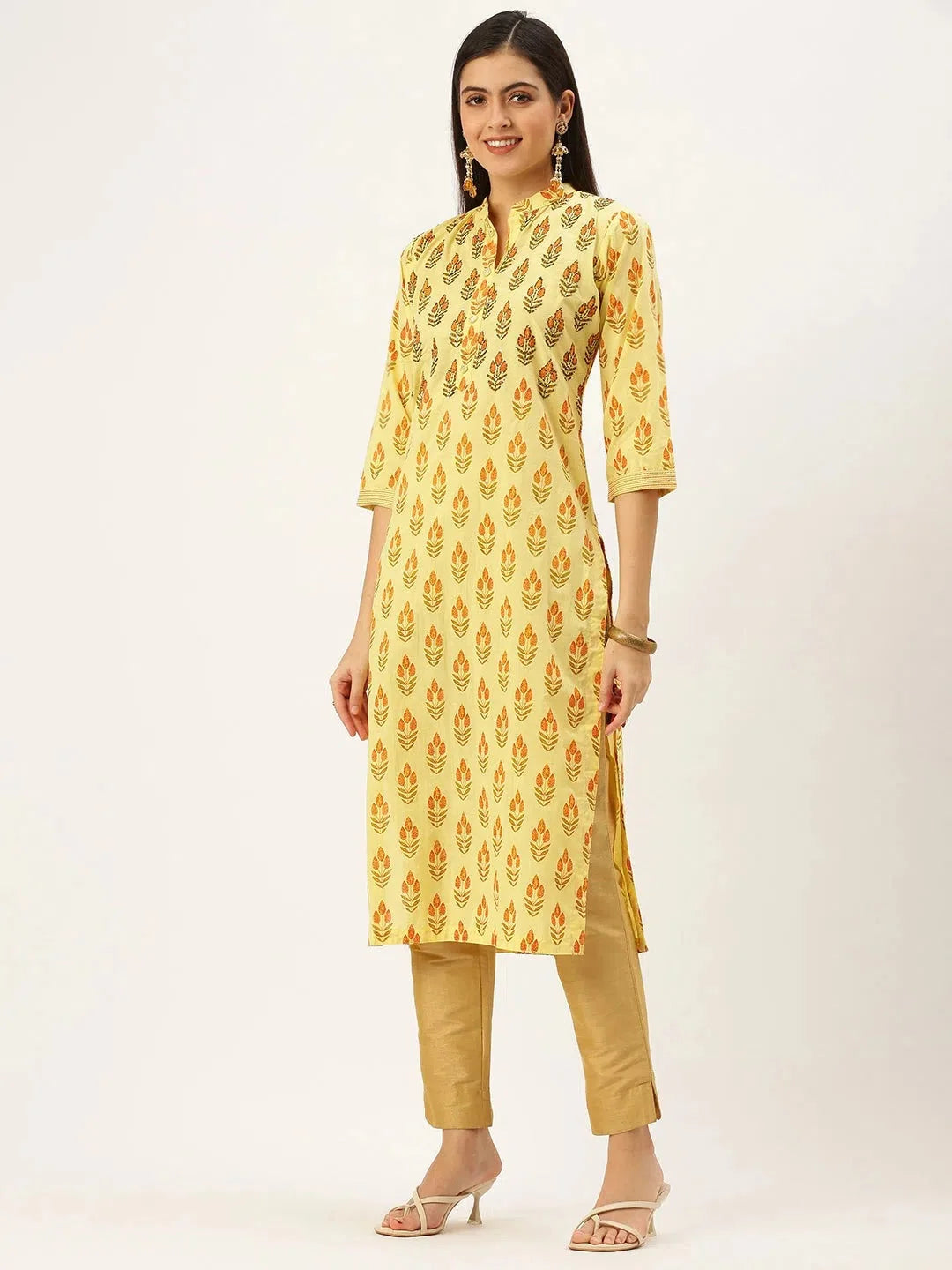 Yellow Printed Cotton Indian Kurta for Women - DesiQlo