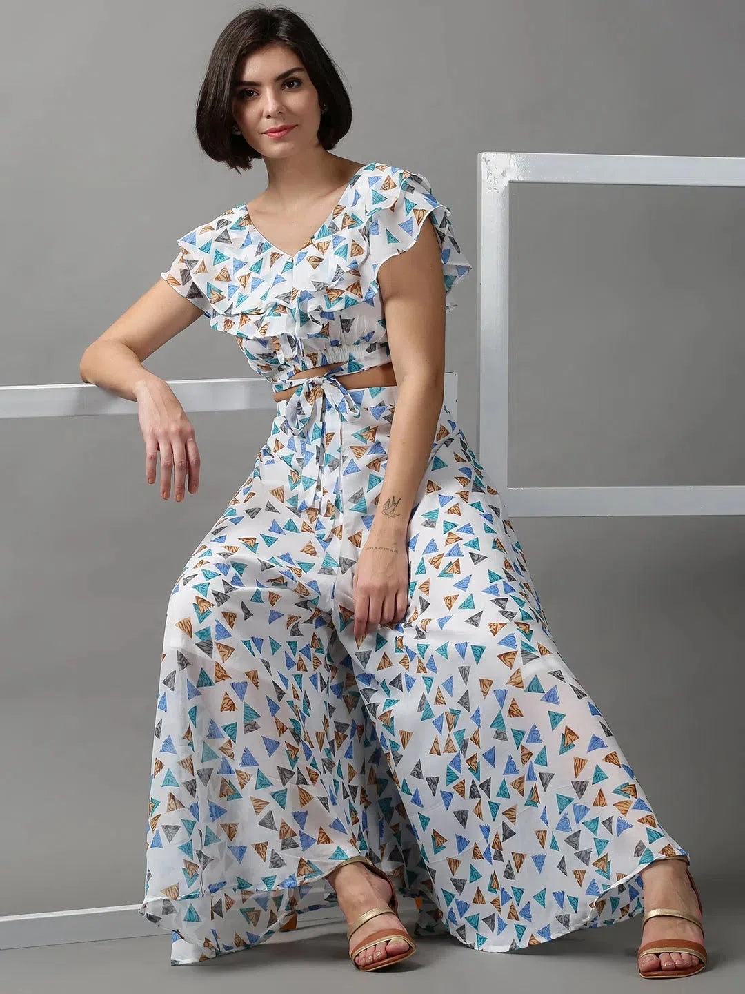 White Printed Beach Printed Co Ord Set | Two Piece Sets