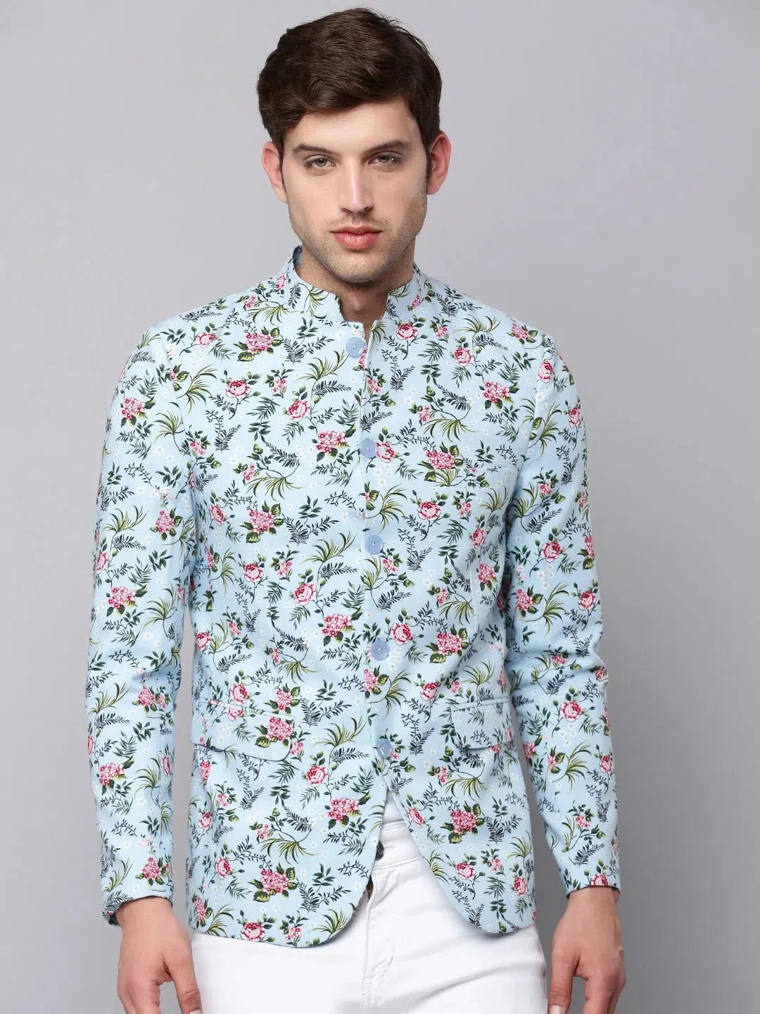Men's Blue Printed Blazer | Modern Ethnic Nehru Collar Jacket