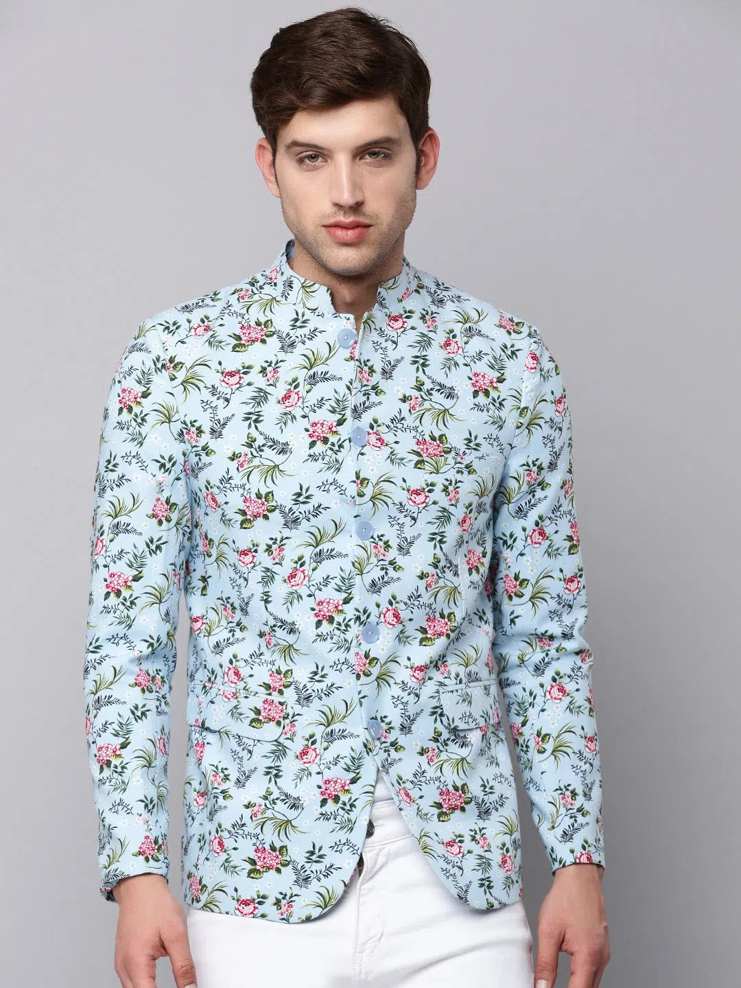 Men's Blue Printed Blazer | Modern Ethnic Nehru Collar Jacket