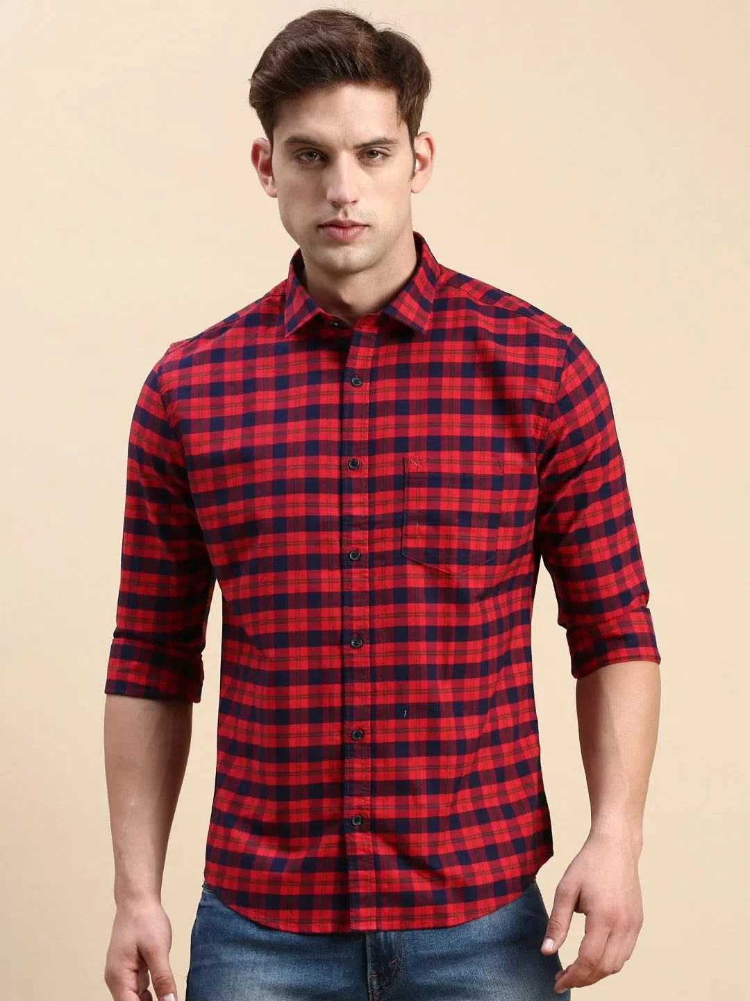Red Checked Mens Shirt | Cotton Casual Shirt - DesiQlo