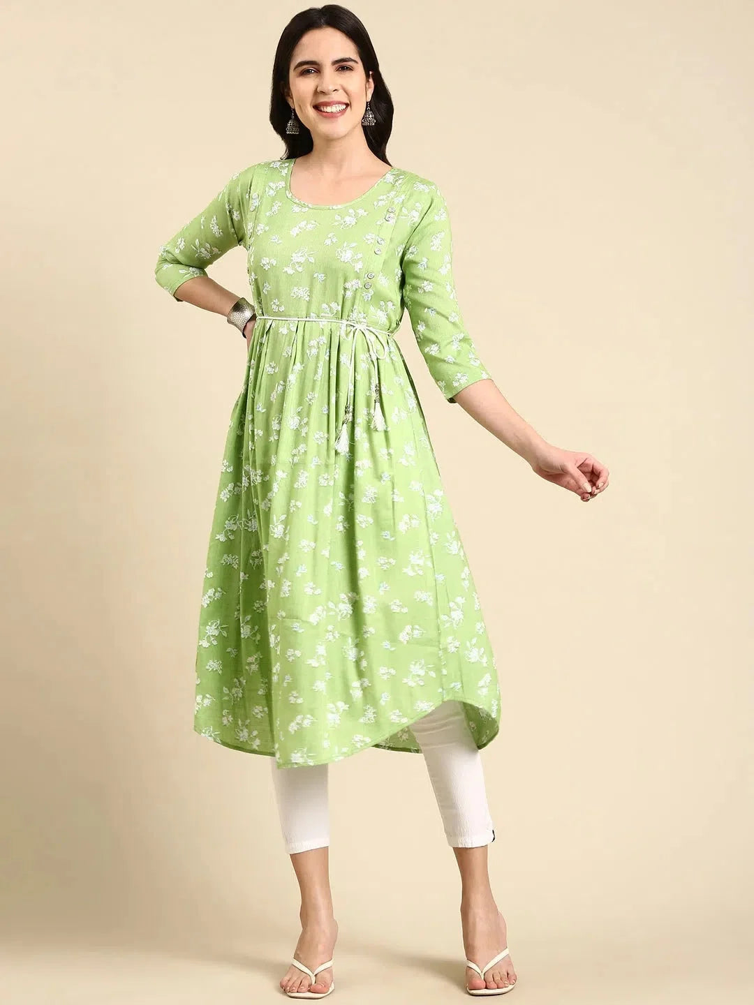 Green Printed Anarkali Kurti - Women's Viscose Anarkali Kurta