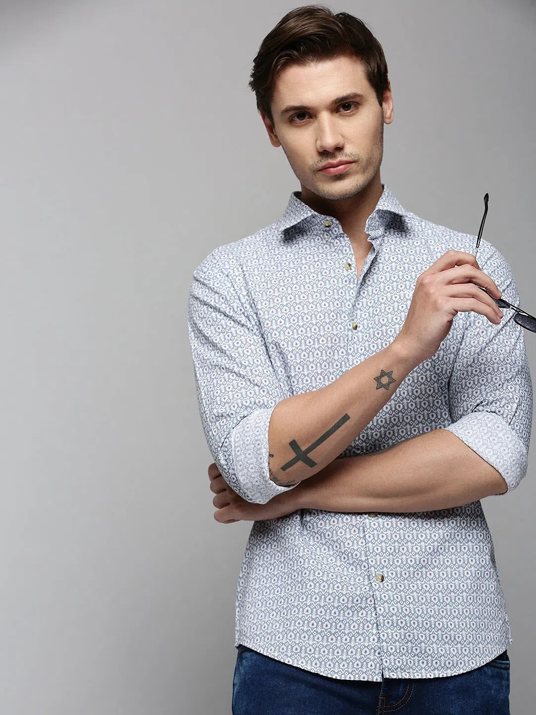 Men Grey Printed Casual Shirt-TVSPRINT-4850-Grey